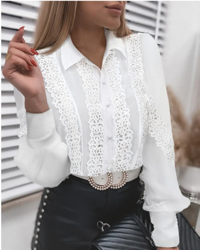 White Elegant Lace Hollow Out Women Blouse 2021 Spring Long Sleeve Shirts Y2K Buttons Mesh Top Autumn Vintage Ladies Clothes