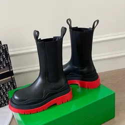 2024 New Chelsea Boots Women/man Couple Models Platform Mid Boots Round Toe Slip On Rain Boots Leather Fashion Large Size Shoes