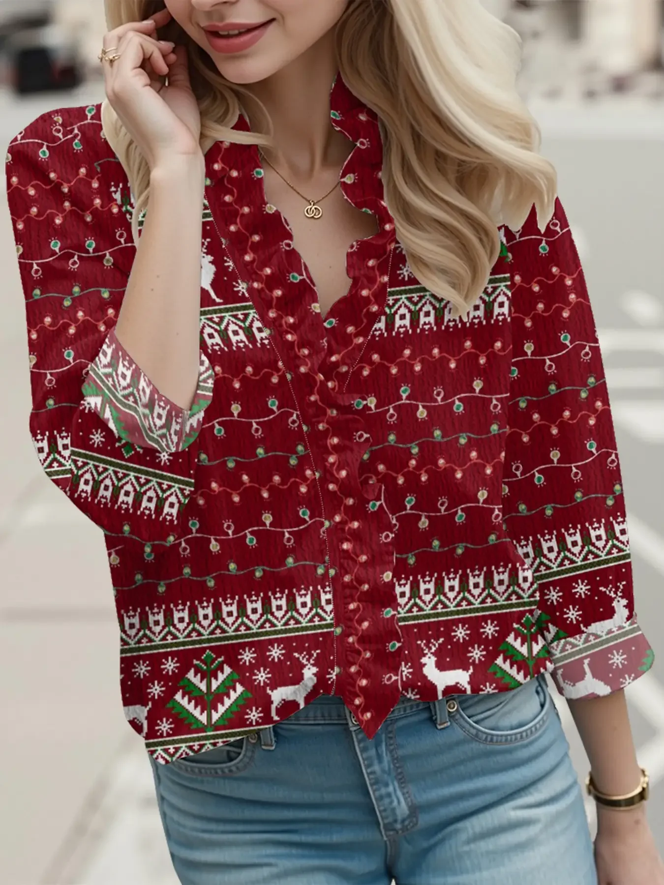 

2025 Ladies' Christmas floral print ruffle long sleeved shirt - soft touch texture loose fit, originales marcas