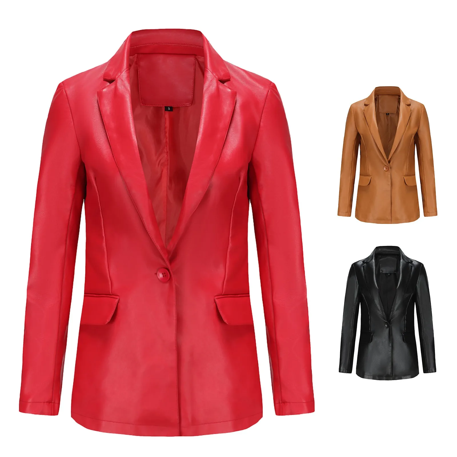 New In Fashion Single Button Red Leather Jacket For Women 2024 Spring Fall Female Long Sleeve Coats Office Lady Casual Outerwear