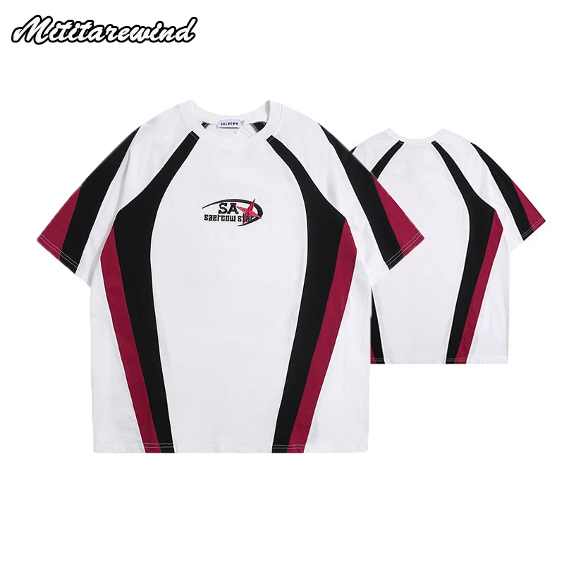 

New Men's Retro Patchwork Contrasti Racing Suit Embroidered Short Sleeved T-shirt Loose Trendy Couple Pure Cotton Half Sleeve