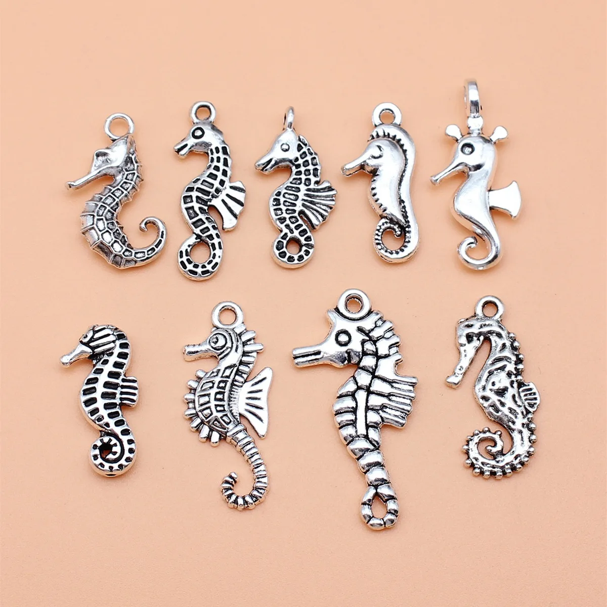 9pcs Antique Silver Color Seahorse Charms Collection For DIY Jewelry Making, 9 Styles, 1 of Each