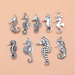 9pcs Antique Silver Color Seahorse Charms Collection For DIY Jewelry Making, 9 Styles, 1 of Each