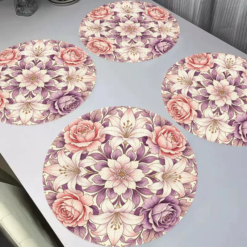 VIKAMA Morandi Pink Purple Mandala Rose Lily Round Linen Placemats, Heat Resistant Table Mat for Dining Table Decor
