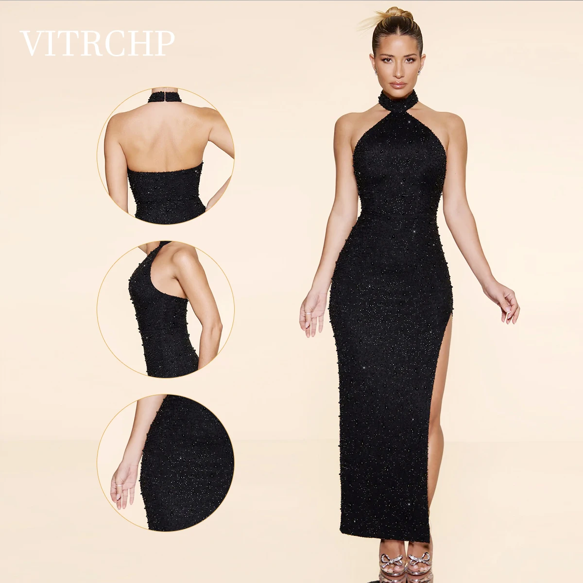 

VITRCHP Elegant Women's Evening Dresses Embellished High Neck Split Maxi Dress in Black Elegant Strapless Off Shoulder Dresses