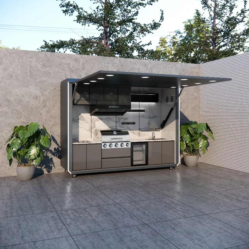 Weatherproof Outdoor Kitchen Station with Protective Shed, American Style Metallic Texture Stainless Steel BBQ Grill