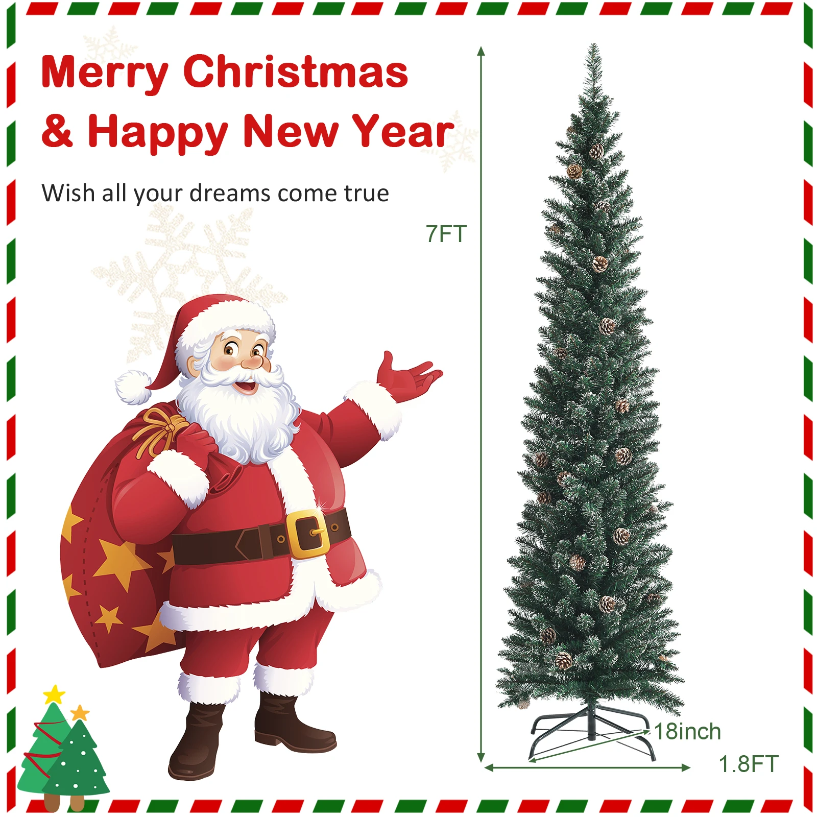 7 FT Artificial Slim Pencil Christmas Tree Party Decoration w/ Snowy Branch Tips