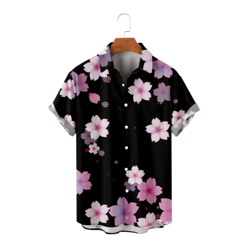 

Pink Floral Print Men's Black Hawaiian Chest Pocket Shirt Casual Beach Style Short Sleeve Smart Business Shirt