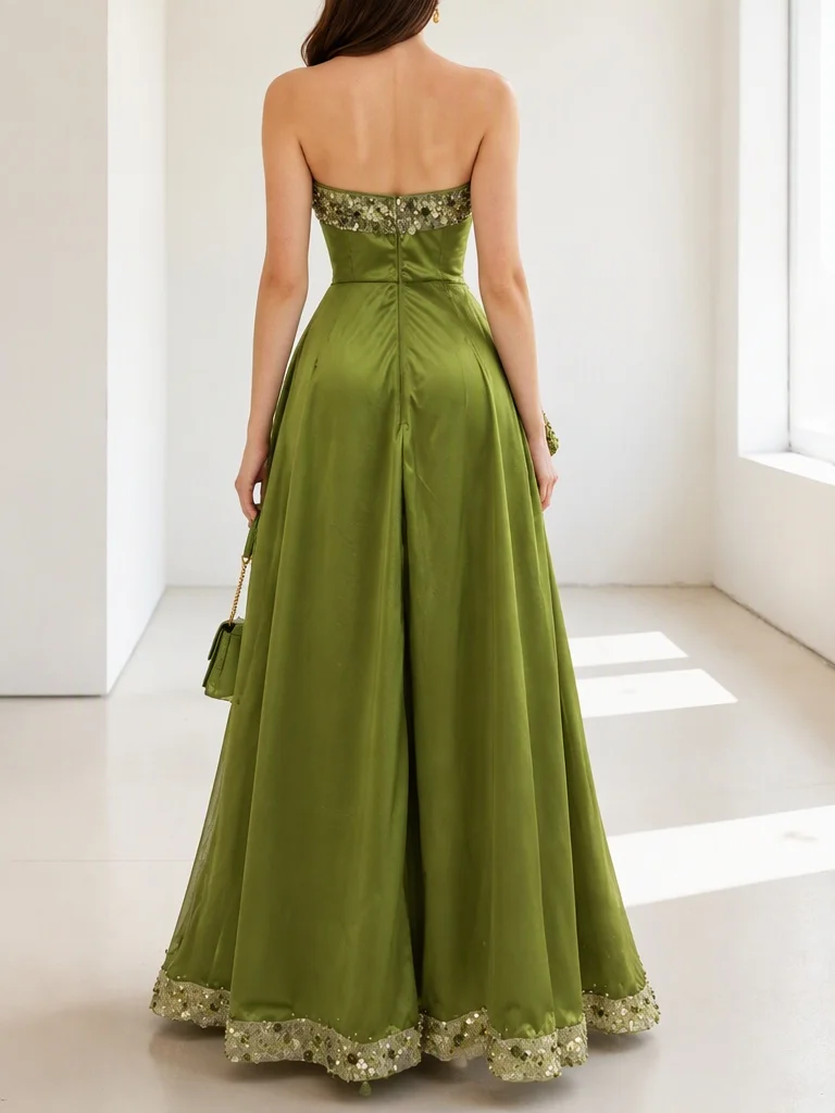 Women Satin Strapless Party Dress Luxury Sequins Sleeveless Plus Size Asymmetrical Hem Formal Gown Wedding Guest Evening Dresses