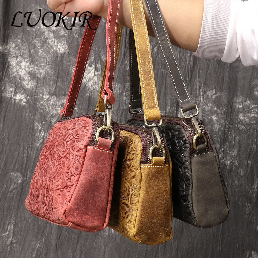 LUOKIR New Women's Genuine Leather Embossed Shoulder Bag, Wind Horse Cowhide Mobile Phone Bag, Vintage Style Crossbody Bag