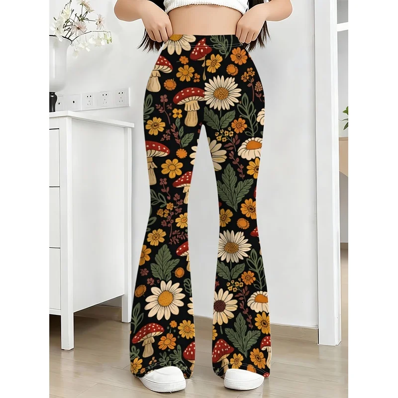 Girls All Over Print Flare Pants Stretchy Bell Bottom Leggings Elastic Waist Pants for Tween Teens Back to School Outfit