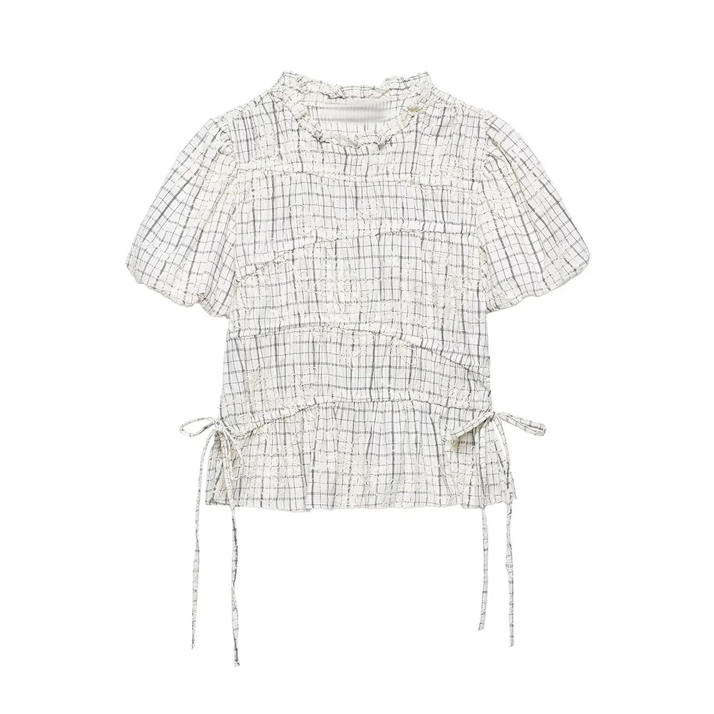 

WOMEN 2026 Summer New Fashion Plaid Embroidered Bow Top Shirt Retro Short Sleeve Casual Chic Female Shirts Blusas Tops