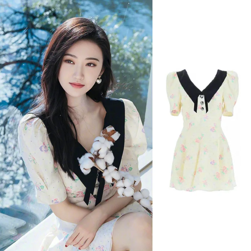 

Jingtian Womon Doll Collar Dress Neck for Women 2023 Contrasting Color Design Sense Small French Floral Summer Sleeve Short