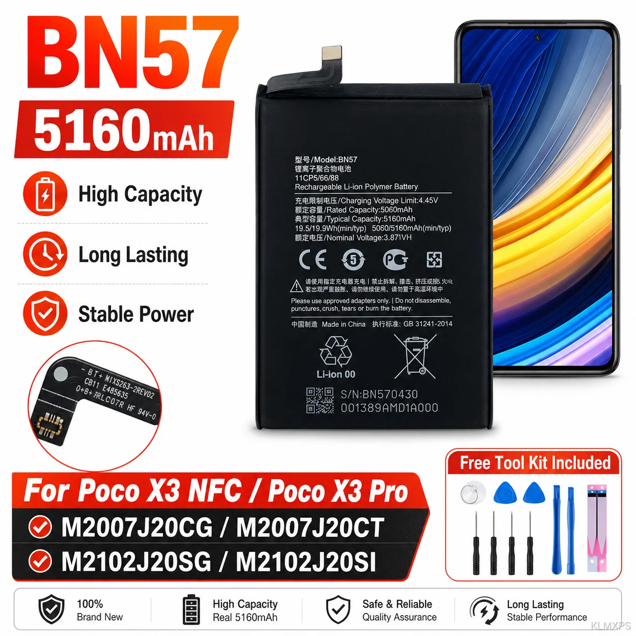 High Capacity 5160mAh Replacement Battery BN57 for Xiaomi Pocophone Peco X3 Pro Rechargeable Batteries + Tools Kit