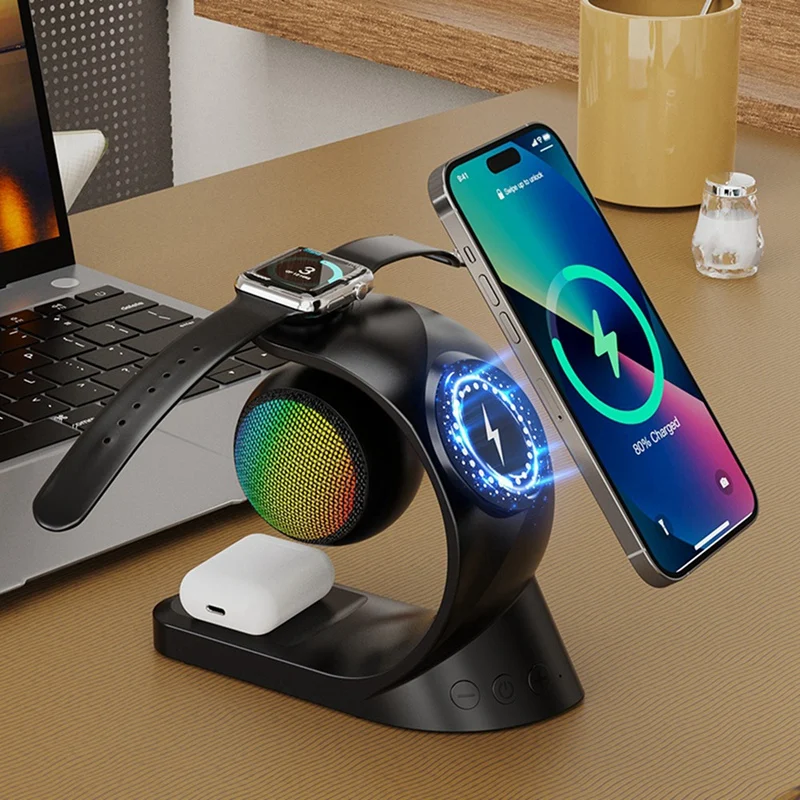 5 In 1 Bluetooth Speaker Magnetic Wireless Charger 15W Fast Charge For Watch Earphone For Universal Mobile