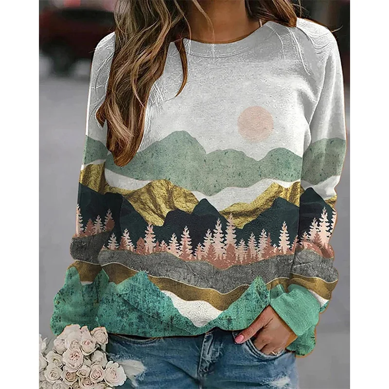 Autumn Ink Landscape Painting Hoodies 3D Print Sweatshirts Woman Long Sleeve Y2k Hoodie Streetwear Pullovers Tops Women Clothes