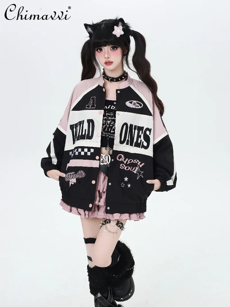 

Original Japanese Street Retro Patchwork Motorcycle Jacket Baseball Jacket Coat Spring New Sweet Cool Girl Women's Coat Tops