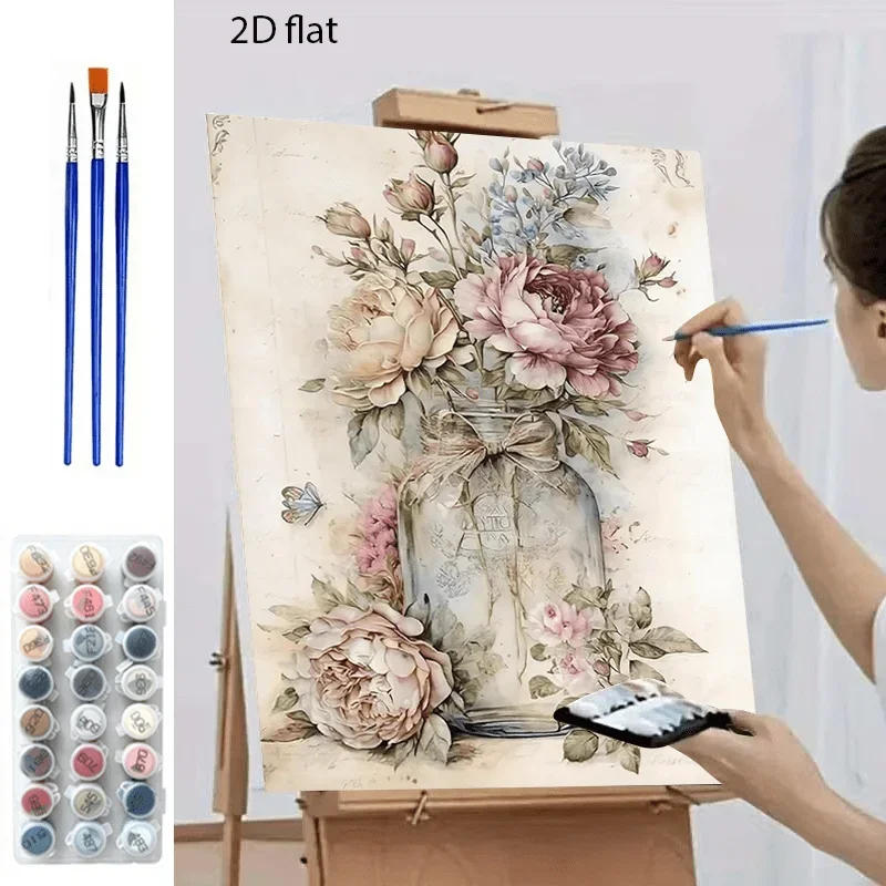 Professional Art Use, 2D Flat Adult Beginner DIY Paint by Numbers Kit - Includes Vase and Floral Pattern, Canvas Paste Acrylic P