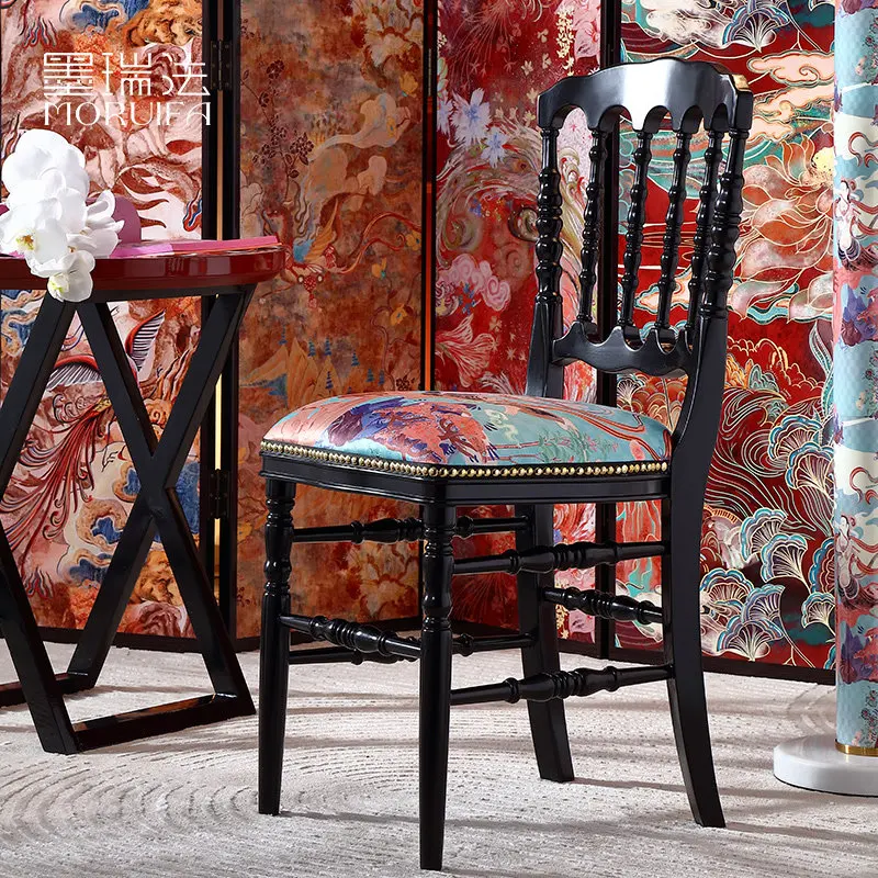 Solid wood home retro dining chair French antique single chair soft bag retro designer leisure chair new Chinese style