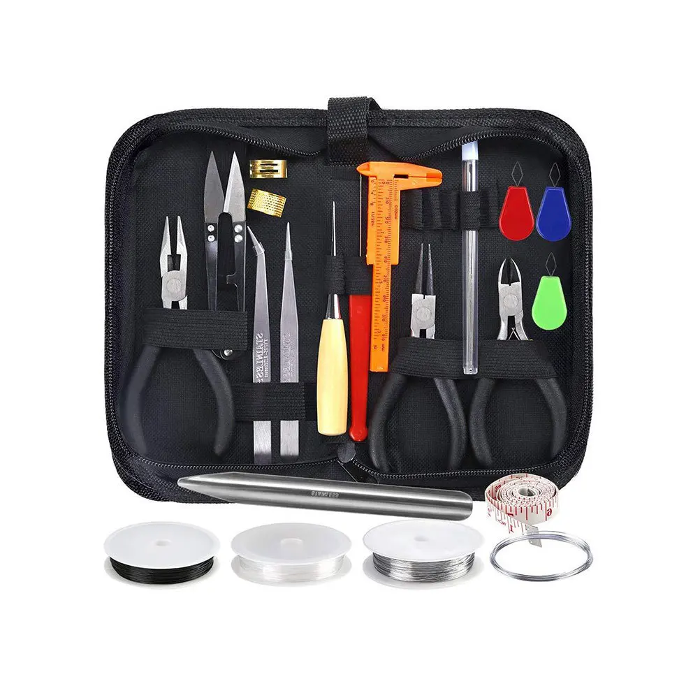 

Набор из 27 предметов для изготовления украшений: металлические компоненты, плоскогубцы, безопасные ножницы, пинцеты, медная проволока, органайзер для хранения