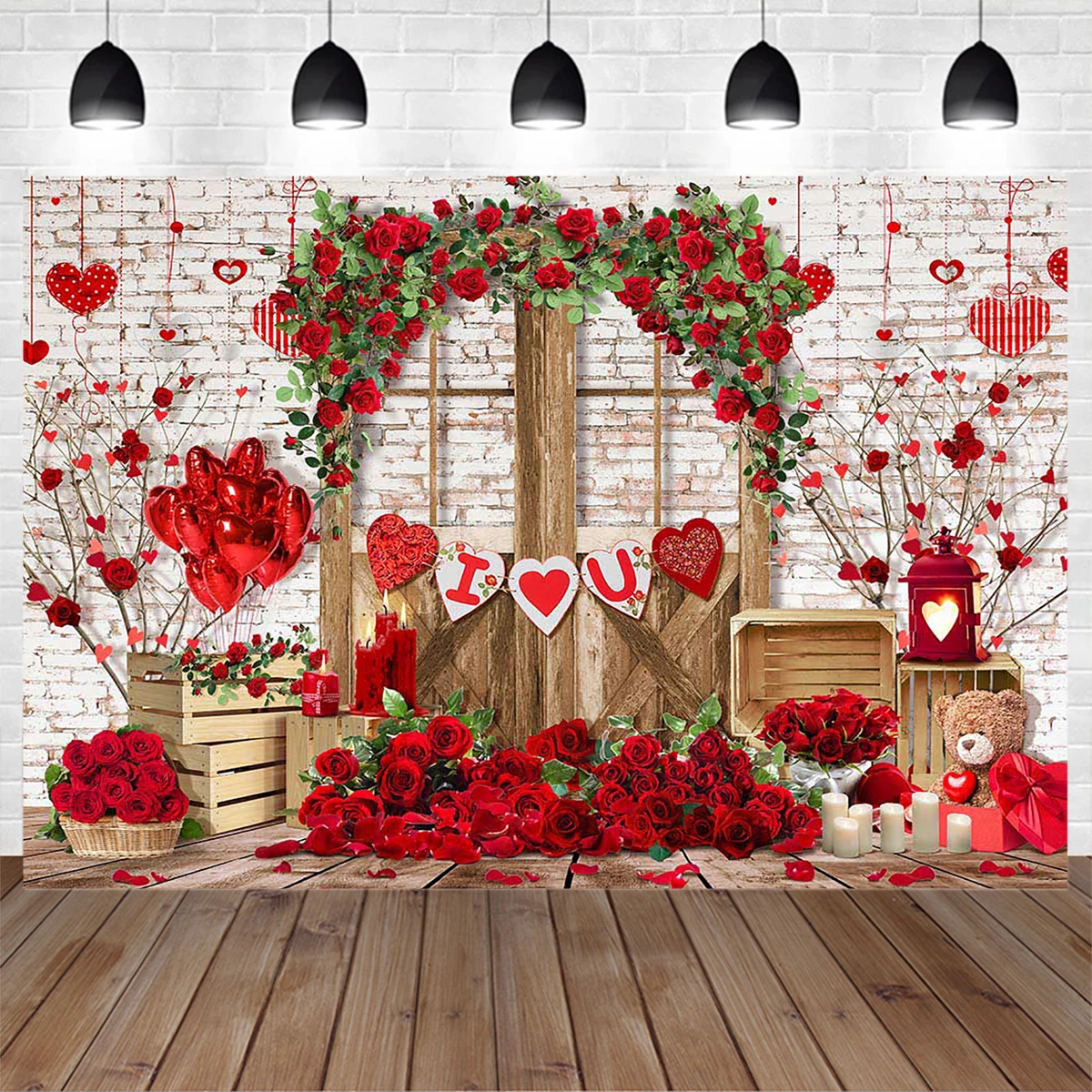 

Valentine's Day Party I Love You Sign Photography Background Rose Candle Door Vintage Brick Wall Backdrop Lover Romantic Studio