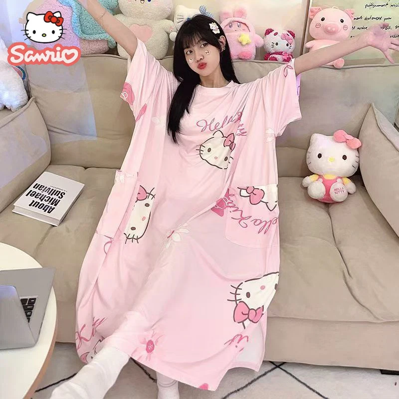 

Hello Kitty Nightdress Kuromi Cinnamoroll My Melody Cartoon Anime Summer Short-sleeved Loose Long Pajama Woman Loungewear