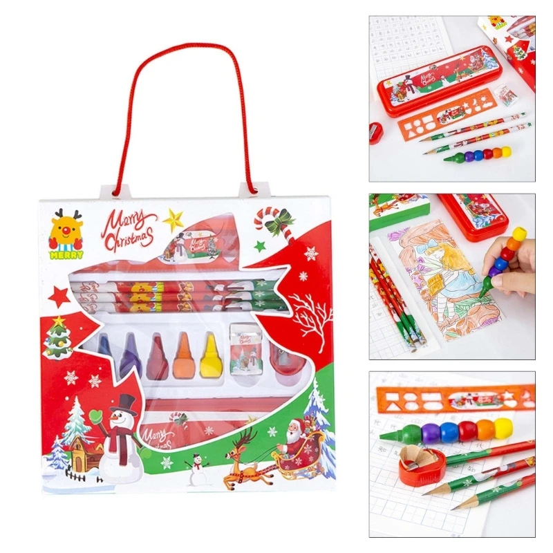 

Children School Stationery Set for Girl Boy, Christmas Pen Case Christmas Pencil Ruler Eraser Sharpener Crayon