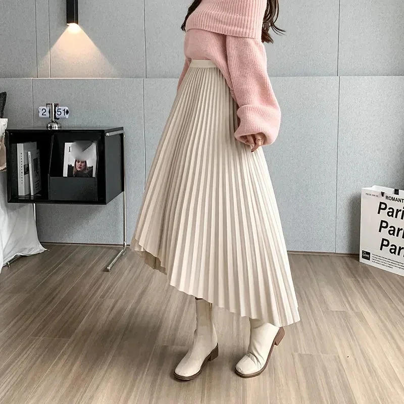 Lucyever Vintage Streetwear Pleated Skirts Female Autumn Winter High Waist Irregular Long Skirt Women Fashion A Line Midi Skirts