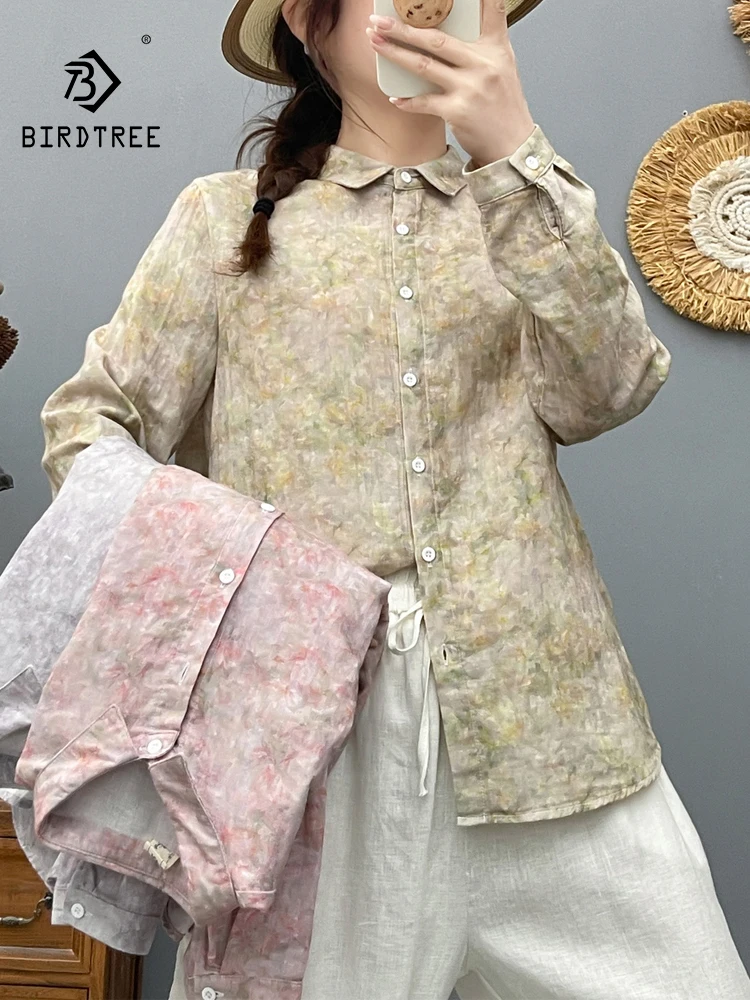 

New 2026 Spring Women Cotton Long Sleeve Shirt, Turn-down Collar Print, Mori Girl Fashion Breathable Thin Loose Blouse T63957CC