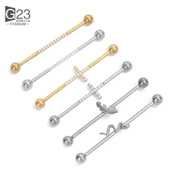 14G 38mm G23 Titanium CZ Industrial Feather Barbell Ear Cartilage Helix-Conch Piercing Bar Earring Stud Body Jewelry
