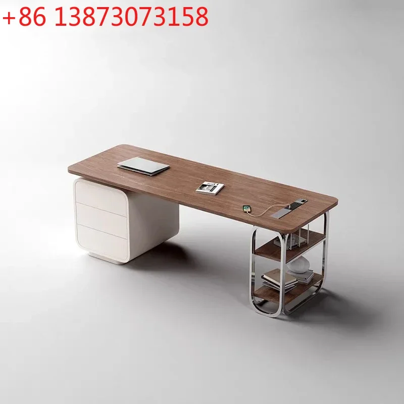LJYHigh-grade solid wood desk Modern minimalist office Walnut veneer stainless steel computer desk