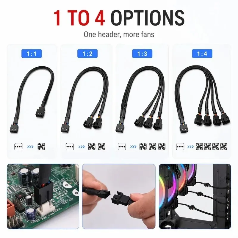 PWM Fan Splitter Adapter Cable Sleeved Braided Y Splitter Computer PC 4 Pin Fan Extension Power Cable 1 To 4/3/2/1 Converter
