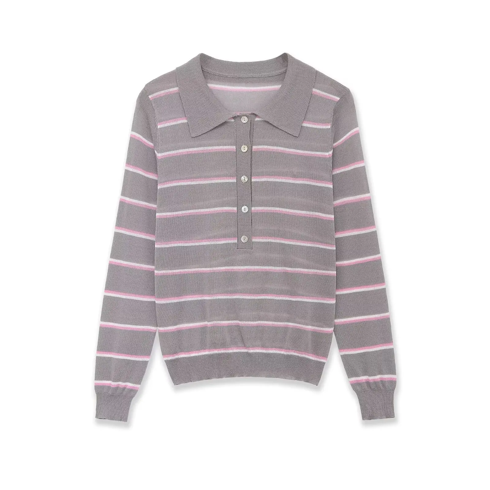 Fashion Casual Fine-knit Striped Shirt Women Gray Pink Stripe Polo Neck Knit Sweater Long Sleeved Button Front Casual Top 7LP8