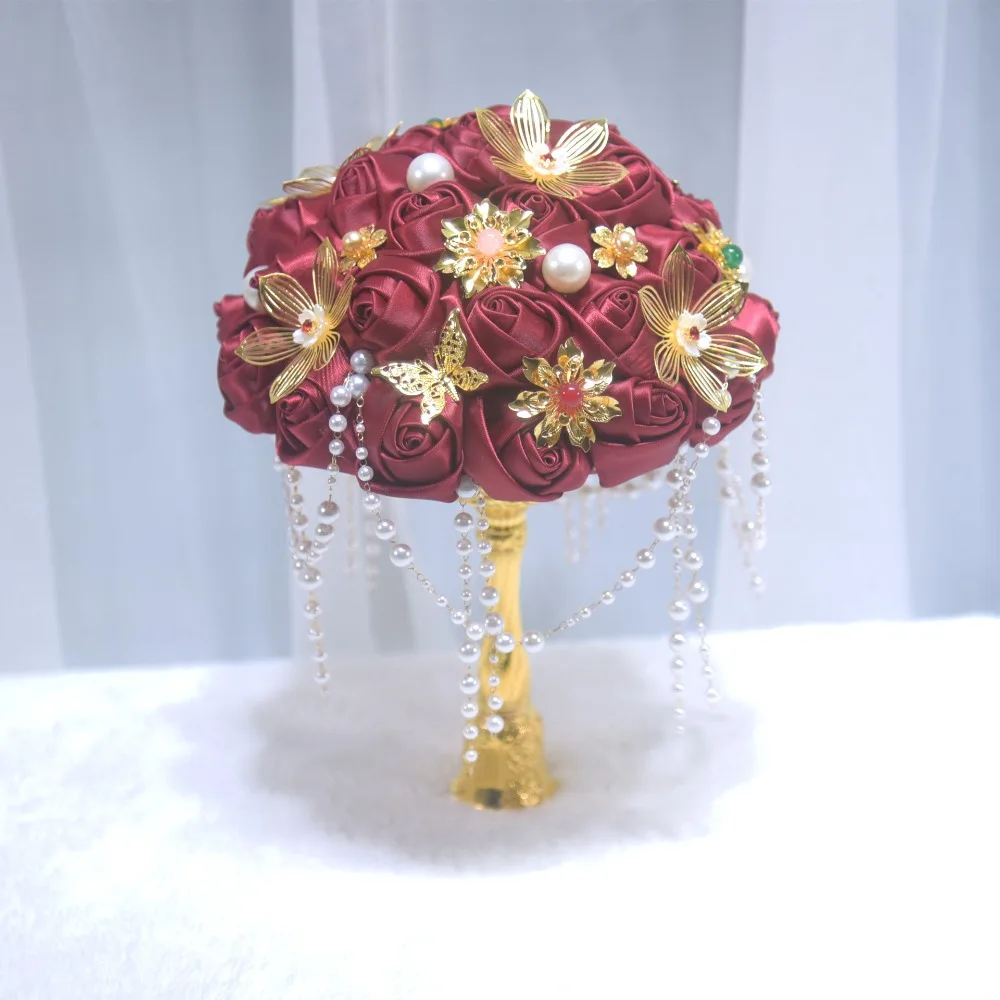Chinese Red & Gold Rose Scepter Bridal Wedding Bouquet with Pearls Silk Flower Bouquet for Wedding Accessories Wedding Props