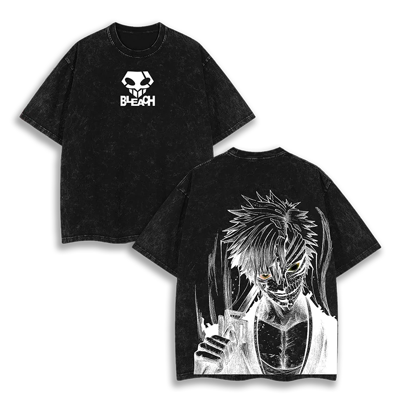 غسلها المتضخم التبييض أنيمي الجرافيك تي شيرت النساء الرجال Ichigo Kurosaki بانكاي الجوف تي شيرت مبيض الإناث الذكور الملابس تيز