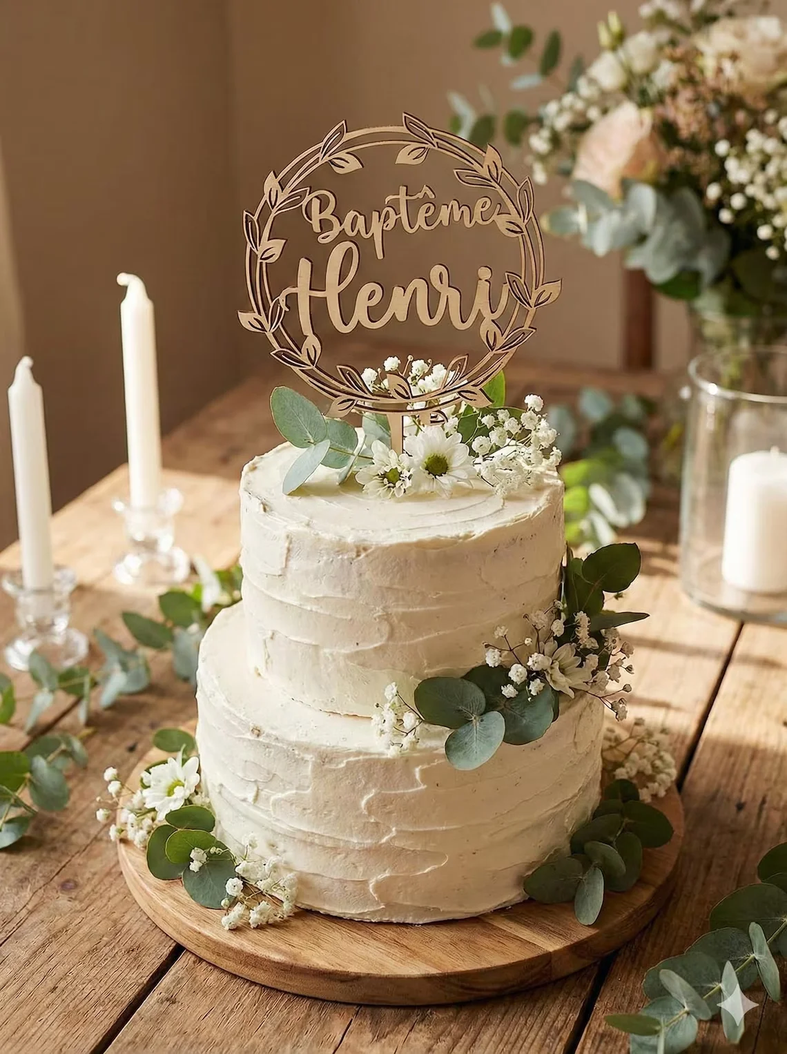 Floral Picks Wood - Personalized Wooden Christening Cake Topper -