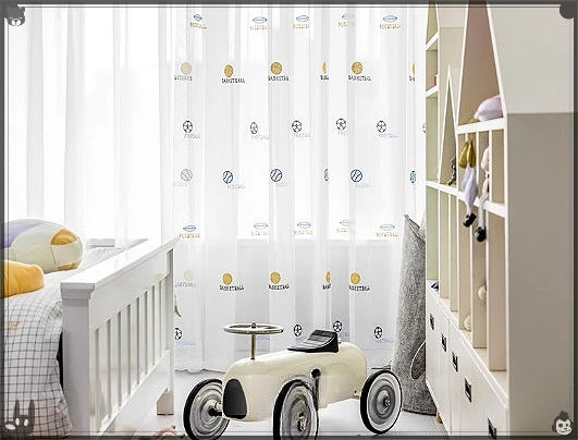 Classic Basketball Style Children's Room Embroidered Curtains 1pc White Simple Basketball Embroidered Gauze Curtain