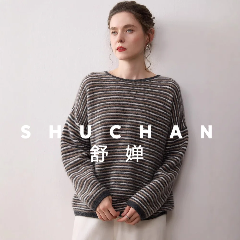 

260 г вязаный пуловер из 100% чистого кашемира, женский ленивый стиль, простой и универсальный пуловер с длинными рукавами в контрастную полоску