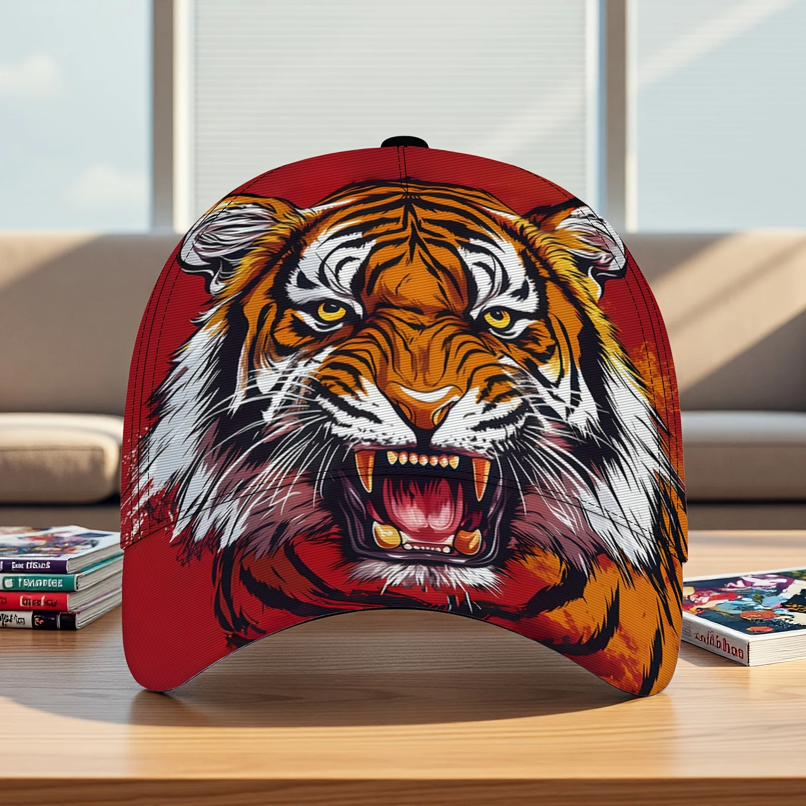 1pc Red Background Roaring Tiger Baseball Cap Unisex Lightweight Versatile Baseball Cap Street Outdoor