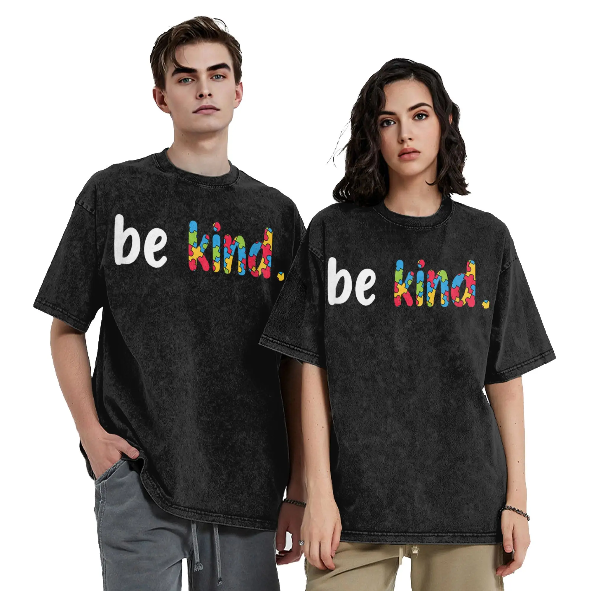 Autism Awareness Be Kind Colorful Puzzle Pieces Washed T Shirts Streetwear T-Shirts  Tees for Men Women Short Sleeve Printed