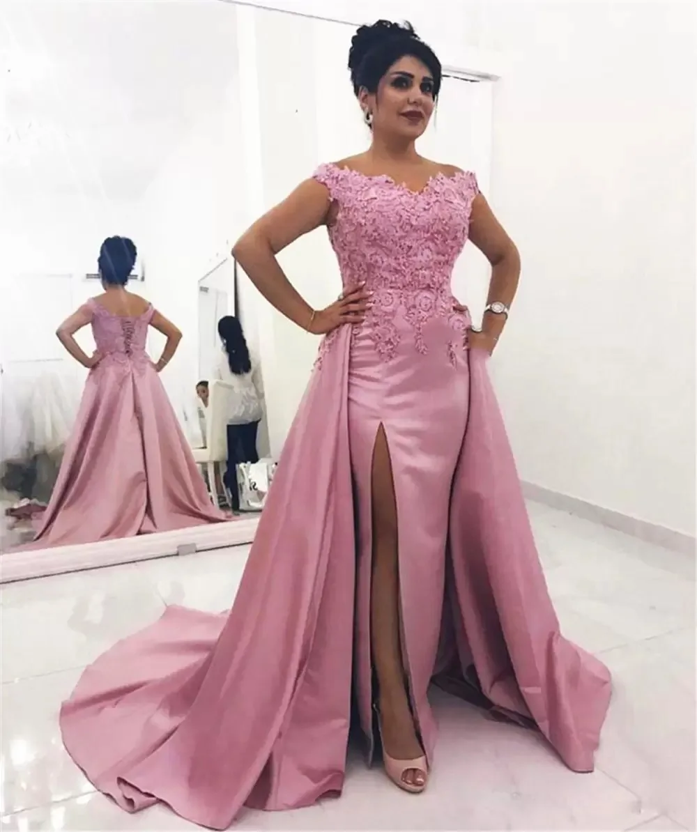 

Pink Mother of the Bride Dresses with Overskirt Appliques Off Shoulder Corset Back Wedding Party Formal Evening Gowns Plus Size