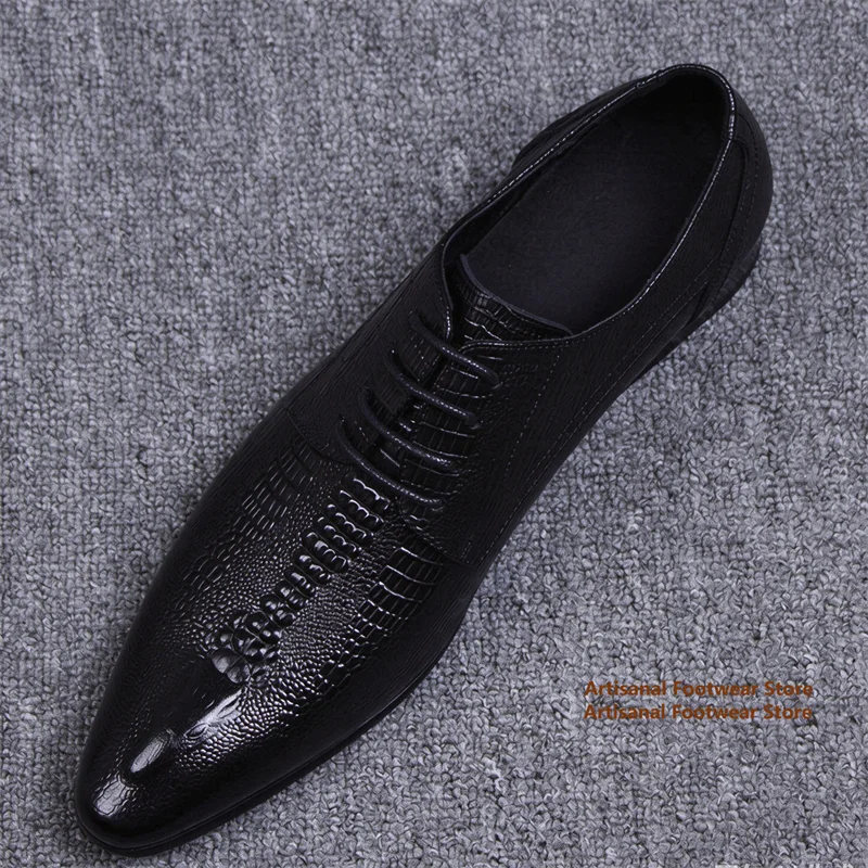 Men's Crocodile Embossed Derby Dress Shoes Lace Up Pointed Toe Leather Formal Business Shoes Trendy Men's Dress Shoes