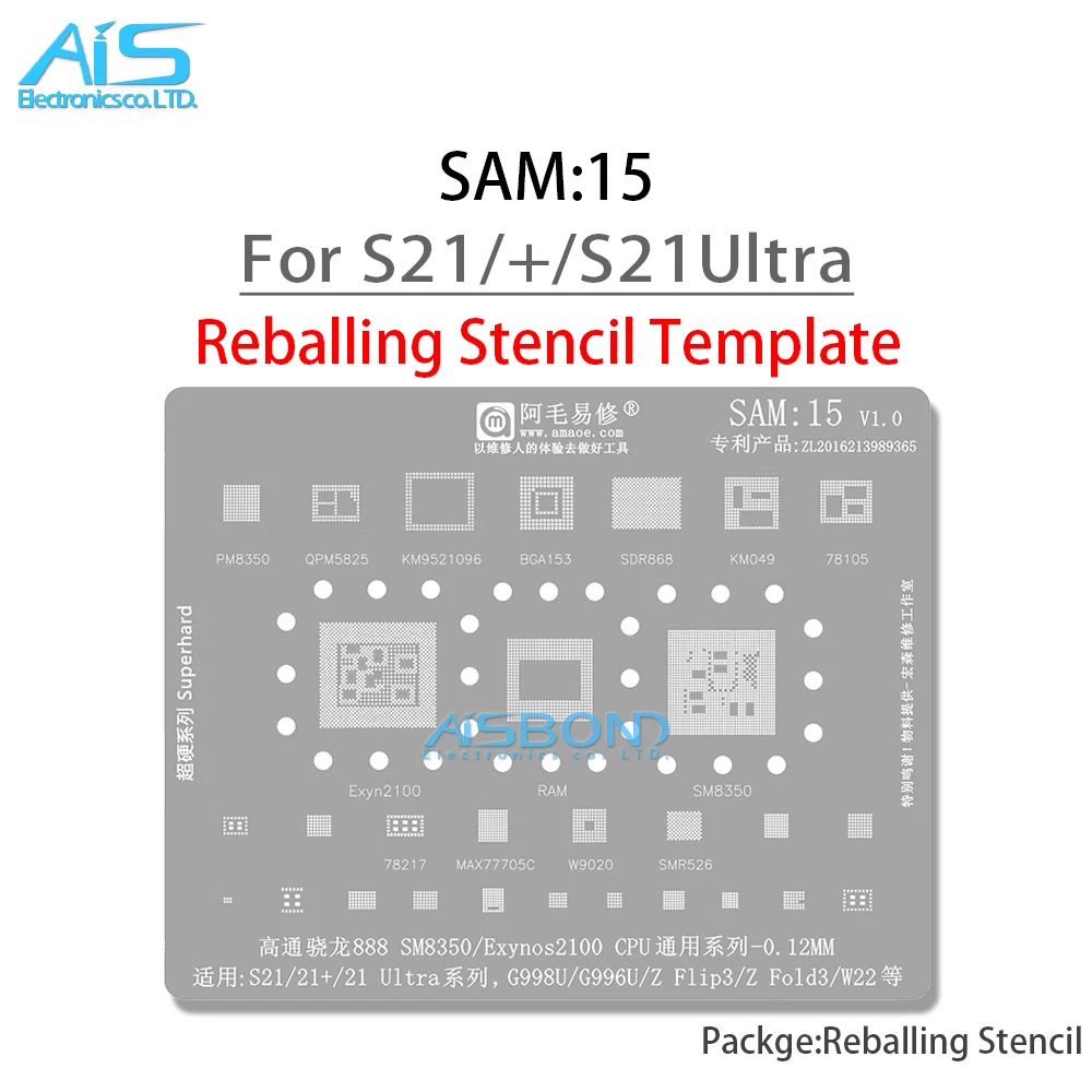 SAM15 BGA Reballing Stensil untuk Samsung S21 Ultra S21 + S21U SM8350 Exyn2100 CPU G998U G996U G996Z Flip3 Flip3z Flod3 W22 Jaring Timah