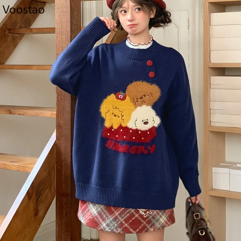 캐주얼 스위트 로리타 스타일 스웨터 가을 여성 카와이 만화 강아지 자수 니트 풀오버 여성 귀여운 루즈 니트웨어 탑