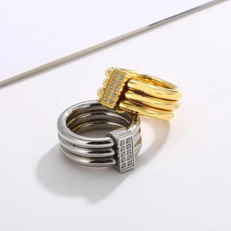

Elegant Shiny Zircon Three Layers Rings For Women Men Gold Silver Color Stainless Steel Large Rings Aillons Mujer Jewelry Gifts