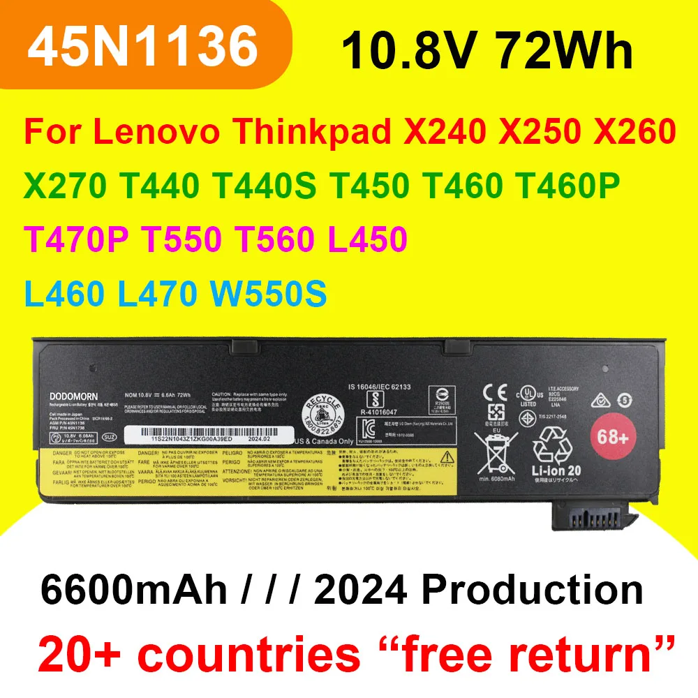 

Аккумулятор для ноутбука Lenovo Thinkpad X240 X250 X260 X270 T440 T440S T450 T460 T470P T550 L450 L460 L470 W550S 45N1136 45N1738 68 +