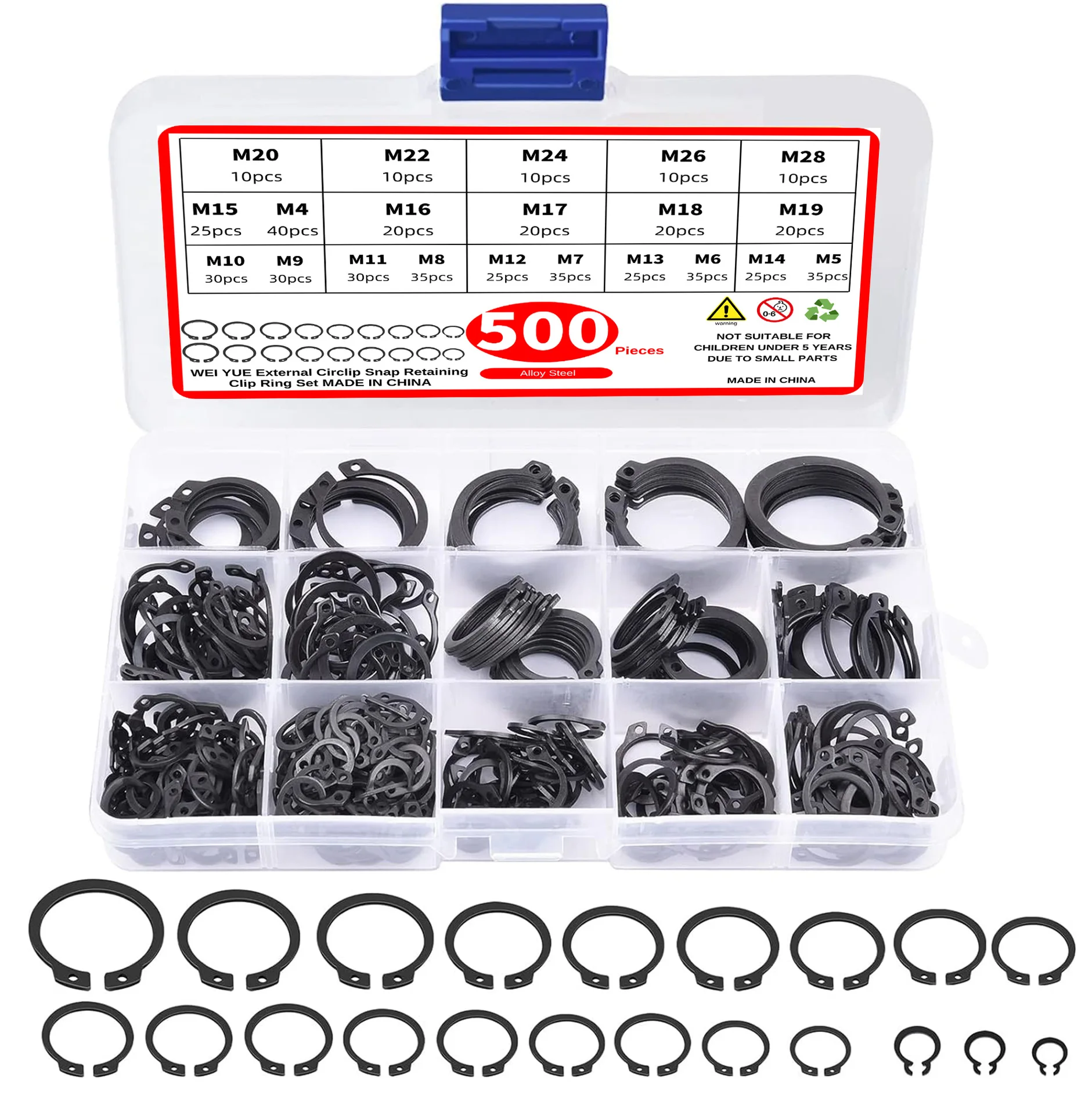 500pcs Internal Circlip Assortment Kit C Clip Washer set 65Mn Retaining Ring Snap Ring kit M4M5M6M8-M26M28 for metal shaft Hole