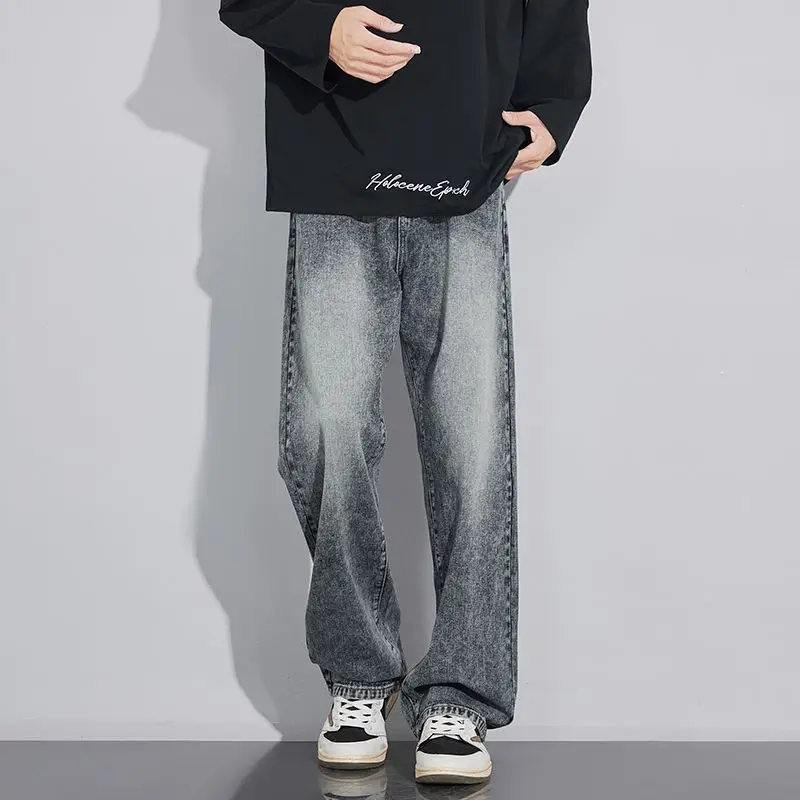 القطن فضفاض الرجال واسعة الساق الجينز الخريف فضفاض الشارع الشهير موضة الكورية مستقيم غسلها سراويل جينز ملابس عالية الجودة ماركة