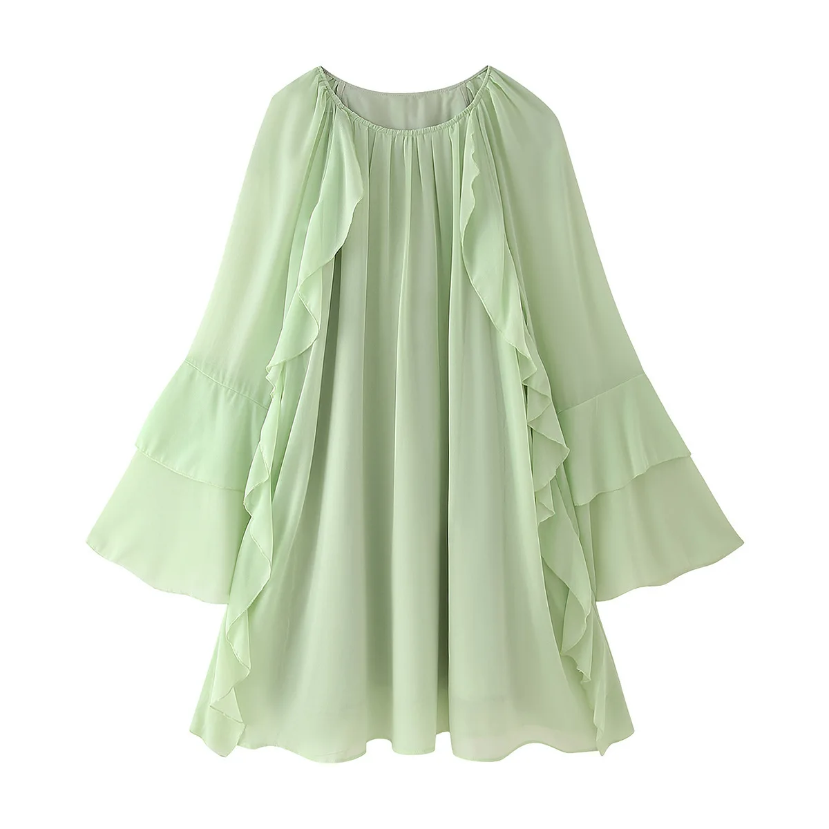 

Korejepo Women Loose Dress 2025 Summer New Pleated High Waisted Solid Color Layered Pleated Flared Sleeve Lace Vestidos