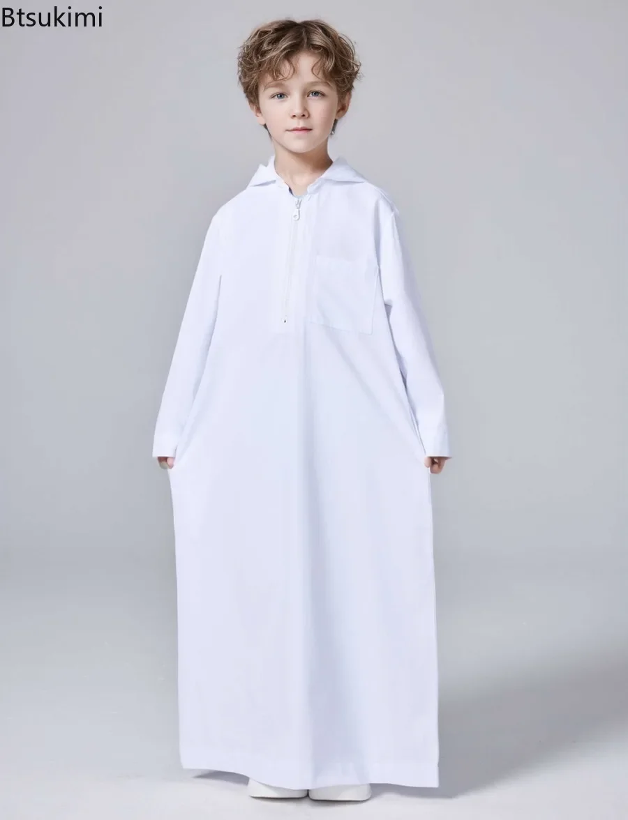 

Ramadan Muslim Kids Abayas Boys Middle East Islamic Long Sleeve Kaftan Hooded Robe Casual Ethnic Style Boys Zip Shirt Long Dress